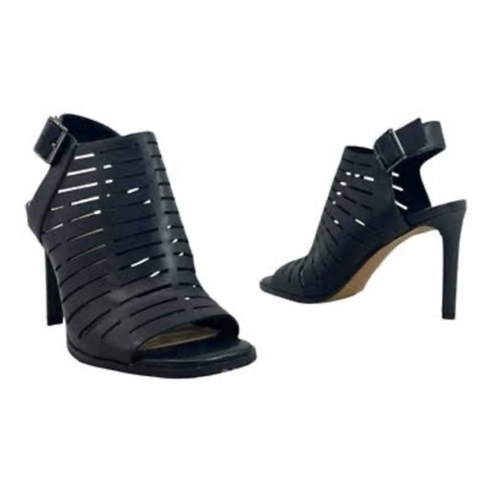 Vince Camuto Jawline Black Leather Laser Cut Cage Peep Toe Heels Shooties 9.5M